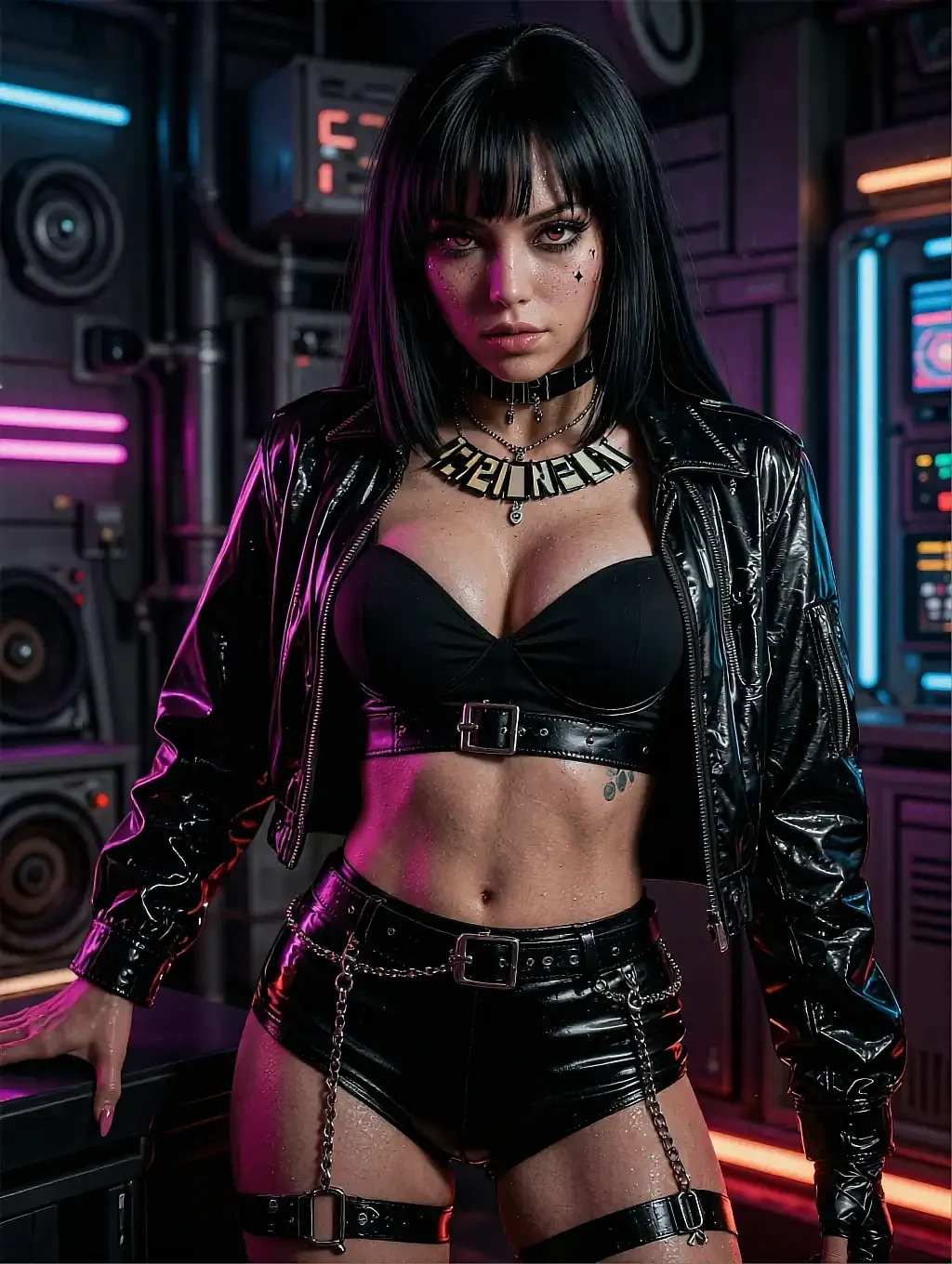 Fictional AI character with a blunt black fringe in a leather jacket under neon light