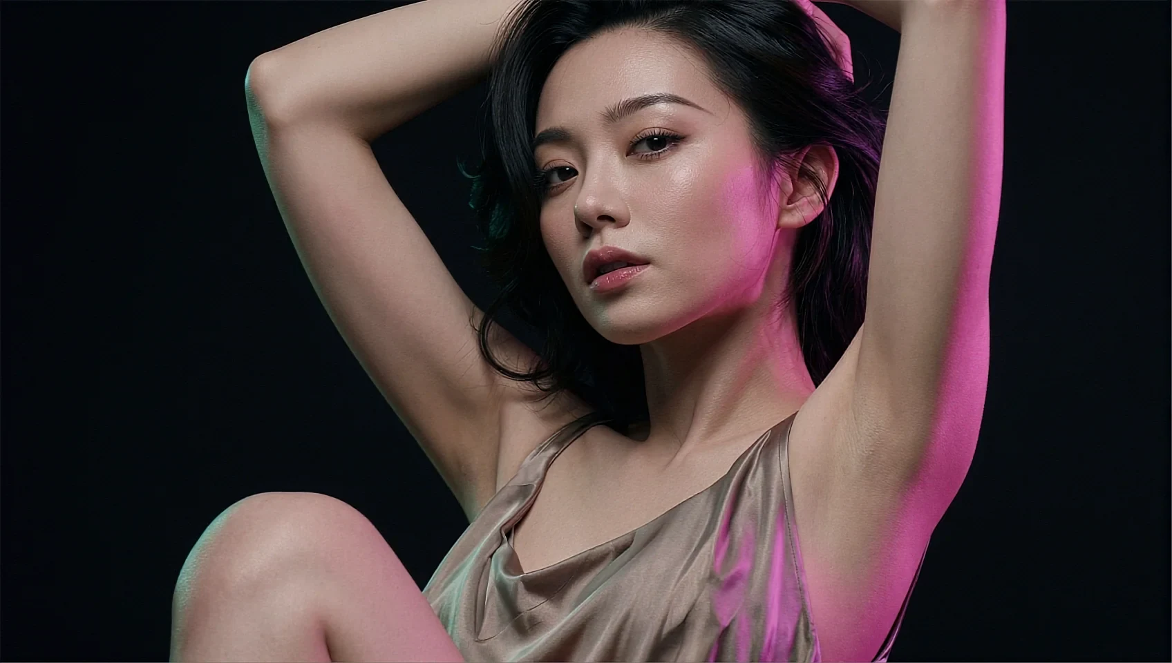 Fictional AI character in a beige slip with her arms raised, magenta rim light on black