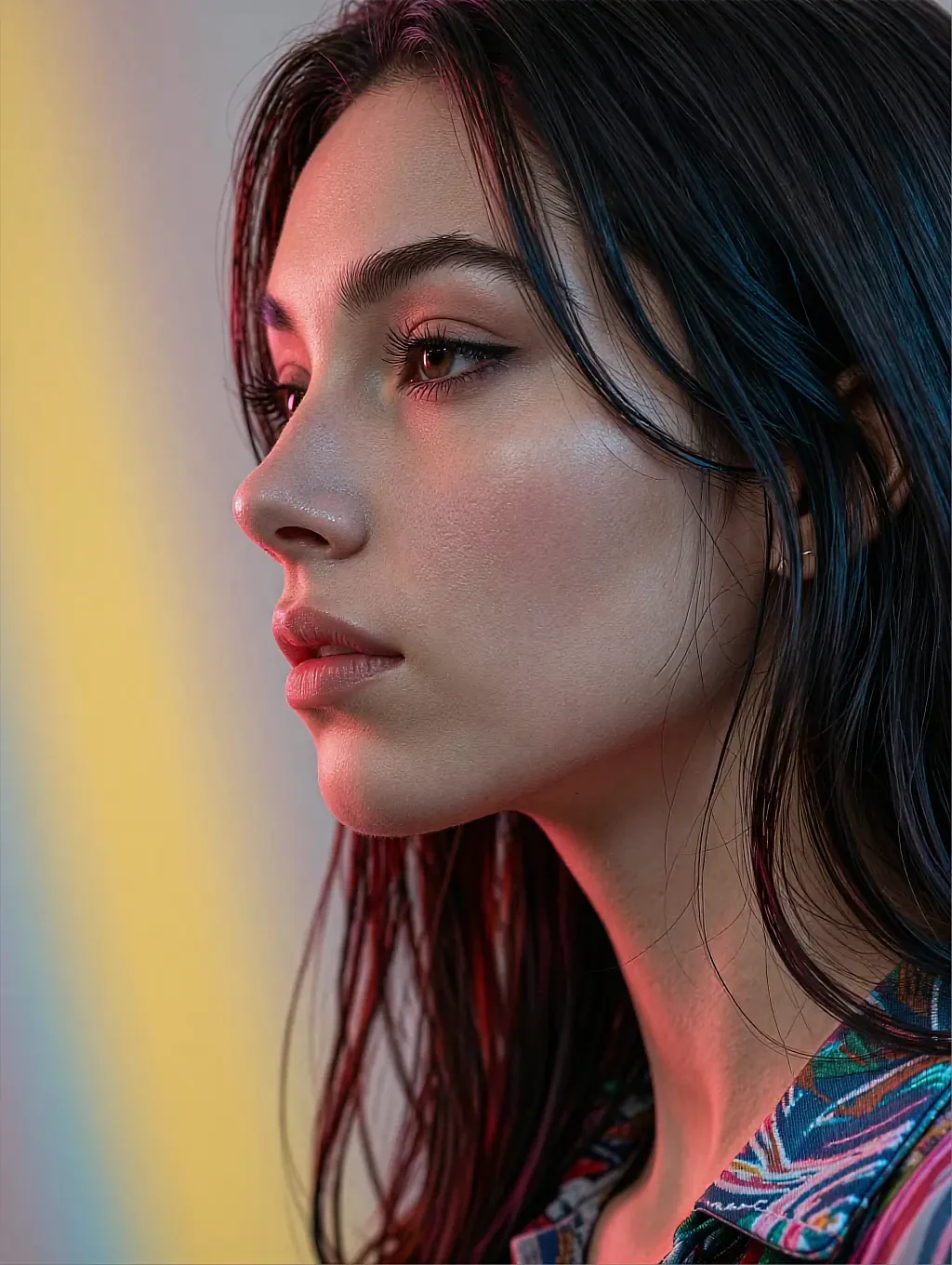 Fictional AI character in profile against a yellow and blue wall, close crop