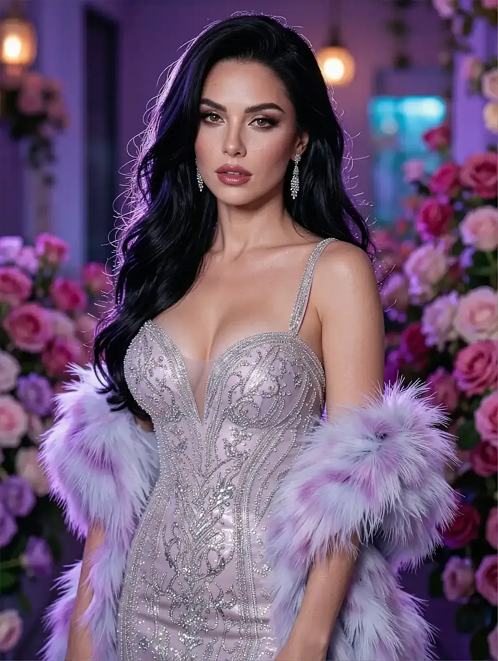 Fictional AI character in a silver sequinned dress with a lilac feather stole among roses
