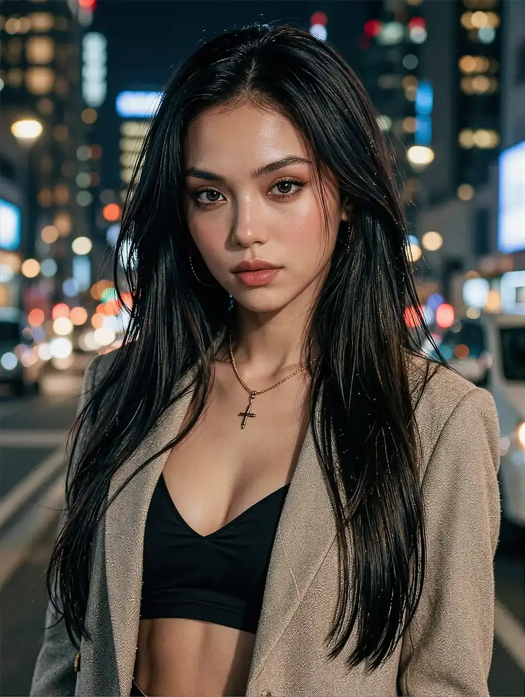Fictional AI character in a beige coat over a black crop top on a city street at night