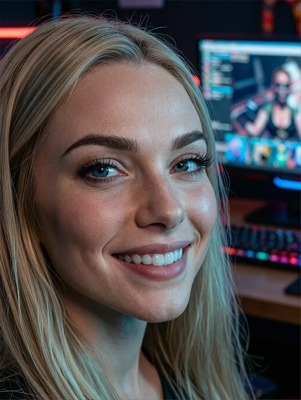 Fictional AI character smiling close to camera in front of a glowing monitor
